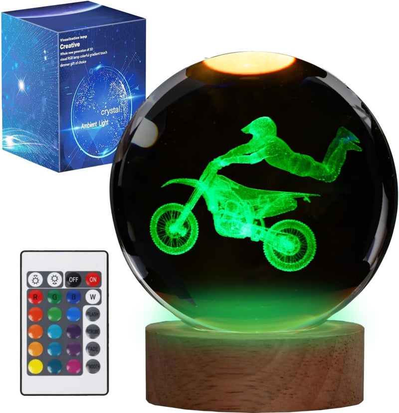 Posshe Dirt Bike Night Light, Dirt Bike Gifts, 3D Crystal Ball Dirt Bike Lamp with Remote Upgraded 3.15 Inch with 16 Color for Birthday Xmas Cool Figurines Motor Bike Gifts for Room Decor Boys Girls - Image 1